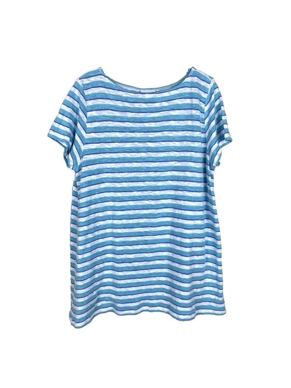 J Jill Womens L Tunic Top Linen Blend Short Sleeve Knit Blue Stripe Beachy Boho